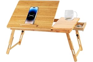 HUOLE Table d’Ordinateur Portable XL Bambou Aération Idéale Régler Hauteur 5 Inclinaisons Tablette Tiroir Nature, Bureau Pliable pour Ordinateur Portable,(66 * 30 * 35cm-Couleur Bois)