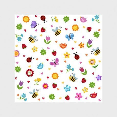 Pack of 20 paper cocktail napkins in Tulip Garden Spring, Bees, Strawberries, and Birds, 25 x 25 cm