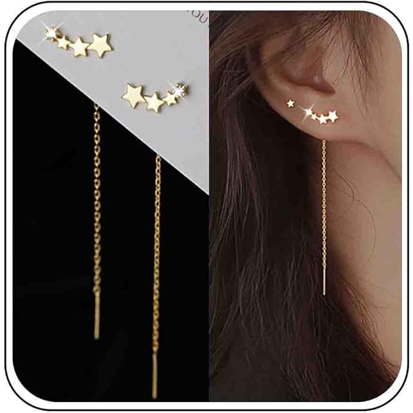 Leuke Doortrekken Oorbellen 925 Sterling Zilver Rose Goud Plated voor Vrouwen Zirconia Kwastje Ketting Threader Dangle Oorbellen 70mm Vlinder Strik Ster, Sterling zilver, Zirkonia