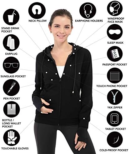 XY37 Women Travel Jacket Hoodie 10 Pockets Travel Pillow Eye Mask Face Mask Gloves (Small, Black)