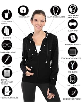 XY37 Frauen Reise-Jacke Hoodie 10 Taschen Reisekissen Augenmaske Gesichtsmaske Handschuhe