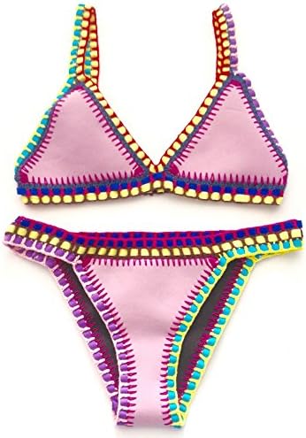 Zest Direct UK Purple Neoprene Crochet Trimmed Embroidered Bikini Set Ladies Scuba Handmade Holiday Swimwear Beachwear (Small - UK8)