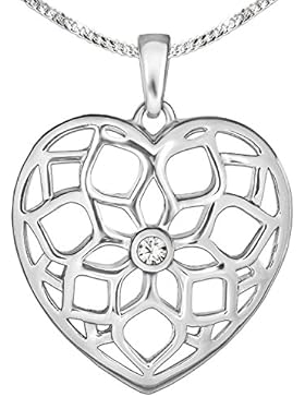 CLEVER SCHMUCK-SET Silberner Anhänger Herz 18 mm beidseitig plastisch gewölbt offen elegantes Muster als Blume...