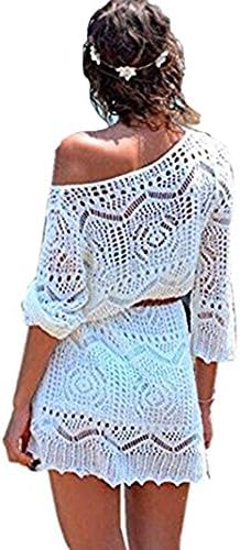 MinetomWomen Summer Elegant Bohemia Lace Crochet Hollow Mini Dress One-Shoulder Bikini Cover Up Sexy White Gown Blouse Beach Vacation