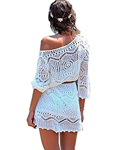 MinetomWomen Summer Elegant Bohemia Lace Crochet Hollow Mini Dress One-Shoulder Bikini Cover Up Sexy White Gown Blouse Beach Vacation