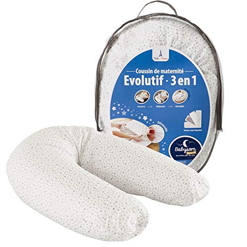 Babysom - Coussin de maternité - Oreiller de Grossesse et d'Allaitement - Motif étoile argentée - Lavable - Fabrication Française + 1 Housse OFFERTE
