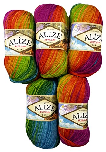 5 x 100 Gramm Alize Burcum Batik Wolle bordeaux terrakotta lila grün blau mit Farbverlauf, Nr. 3514, 500 Gramm Strickwolle