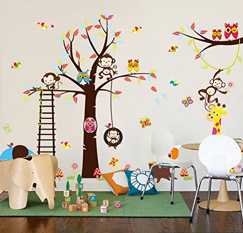 Colorfulworld ® Großer Baum with Jungle Zoo &Giraffe Monkey Elephant Bird Wall Stickers Decal Paper for Children Room Gift (1213) - 2