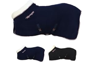 Marengos - Abschwitzdecke Modern Rosé | Fleecedecke m. Kreuzgurten, Frontverschnallung, Schweifkordel & roségoldenen Verzierungen | atmungsaktive Pferdedecke | Pferde Zubehör in Nachtblau | 155 cm