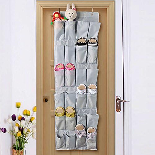 Qinghu 20 Pockets Over the Door Organizer Shoe Storage Bag, Hanging Shoe Pockets Foldable Shoe Storage Racks With Hooks（Light gray）
