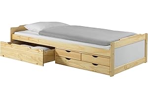 ‎IDIMEX IDIMEX Andrea Bed with Storage Space Solid Pine White / Natural 90 x 200 cm Guest Bed Day Bed 4 Drawers