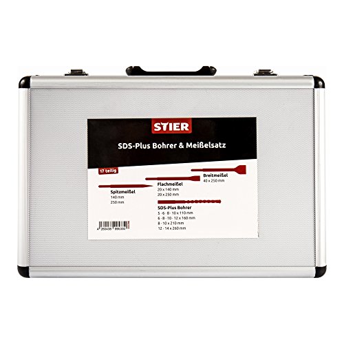 STIER SDS-Plus Bohrer & Meißelsatz I SDS-Plus Spitzmeißel I SDS-Plus Flachmeißel I SDS-Plus Breitmeißel I SDS-Plus Bohrer 260mm – 210mm I 17-teiliges Set im praktischen Metallkoffer - 3