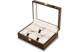 Guolich Caja de Almacenamiento de Relojes con Estuche para Exhibición de Relojes Organizador de Colección de Pulseras de Madera Maciza Marrón con Tapa de Vidrio (Marrón 10 Ranuras)