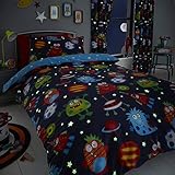 Happy Linen Company Parure de lit réversible - Enfant - Motif Espace/Monstres/planète - Bleu/Fluorescent - lit 2 Personnes