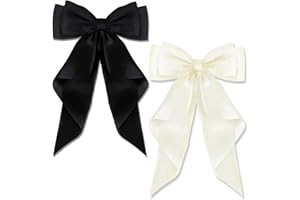 AYNKH 2 PCS Big Bow Hair Clips with Long Silky Satin, Solid Color French Barrette Simple Hair Fastener Accessories for Women Girls