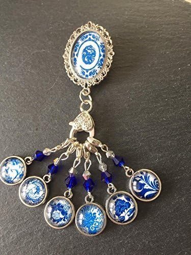 Blue China Stitch Marker &amp; Holder Brooch