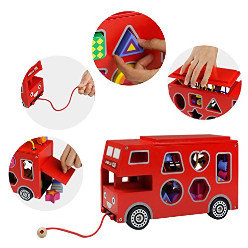 Wooden Bus, Red Bus Toy, Kids Bus, Bus Sorter, 4 in 1 Wooden Shapes Sorter Pull Along Toy for Children Aged 3 4 5 6