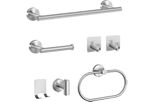LYHLYA 7-Piece Bathroom Accessory Set, Stainless Steel Bathroom Hardware Set, Matt Black Bathroom Tower Rack Set Includes 40 cm Towel Holder, Toilet Paper Holder, Towel Ring, 4 Robe Towel Hooks (Silver)