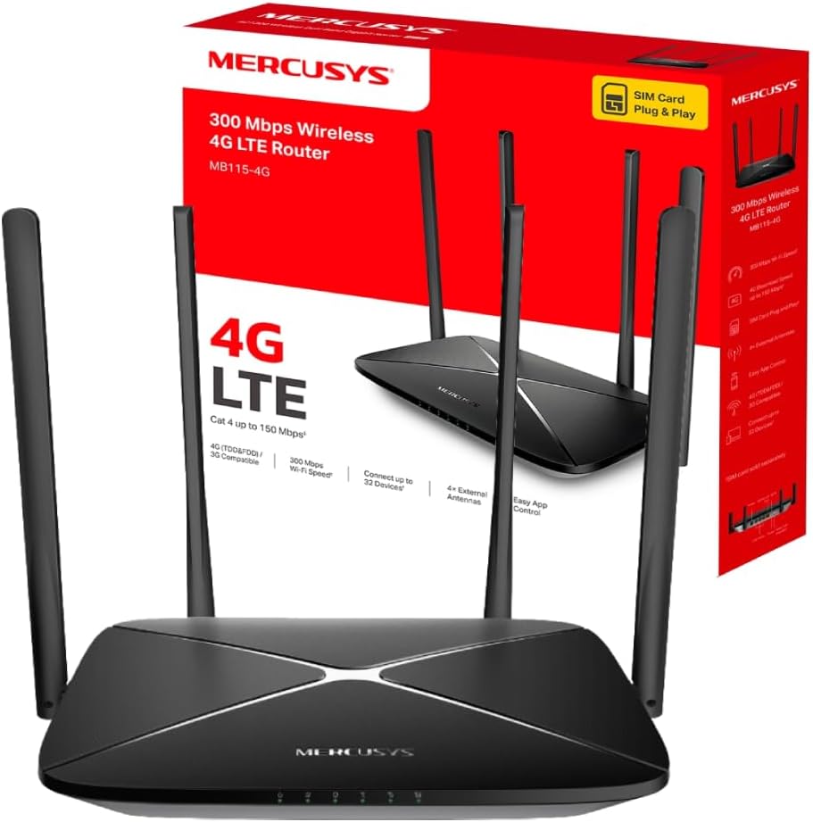Mercusys MB115-4G 300 Mbps Wireless N 4G LTE Router, WiFi 300 Mbps + SIM Instantáneo + 4 Antenas Potentes, Cobertura Máxima para 32 Dispositivos, Modo Dual WiFi/Cable