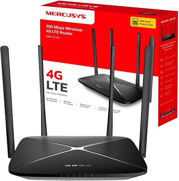 Mercusys MB115-4G 300 Mbps Wireless N 4G LTE Router, WiFi 300 Mbps + SIM Instantáneo + 4 Antenas Potentes, Cobertura Máxima para 32 Dispositivos, Modo Dual WiFi/Cable - 1