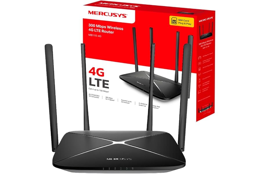 Mercusys MB115-4G 300 Mbps Wireless N 4G LTE Router, WiFi 300 Mbps + SIM Instantáneo + 4 Antenas Potentes, Cobertura Máxima p