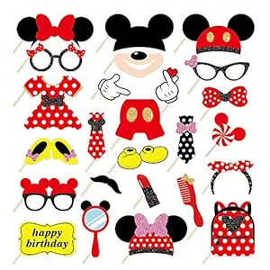 Kristin Paradise 25Pcs Red Minnie Photo Booth Props with Stick, Mini Mouse Theme Selfie Props, Birthday Party Supplies, Photography Backdrop Decorations