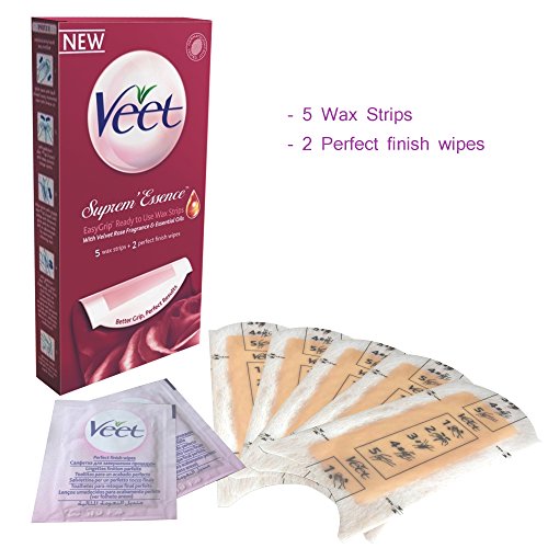 Veet Suprem Essence Ready to Use Hair Removal Wax Strips for Normal Skin, 5 in a Pack + 2 x Finish Wipes