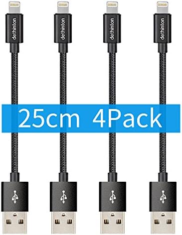 iPhone Charger Cable short with Ultra Slim Connector(4 Pack 25cm)DETHINTON Nylon Braided short iPhone Cable LIFETIME WARRANTY Lightning Cable for iPhone X / 8 / 8 Plus / 7 / 7 Plus / 6 / 6 Plus / 5S-black