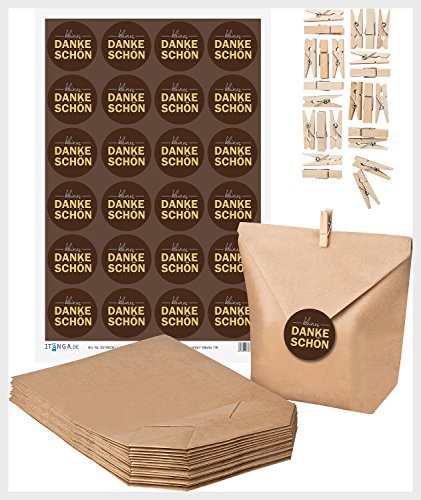itenga Geschenkset kleines Dankeschön - 24x Geschenktüten + 24x MiniKlammer + 24x Aufkleber Bastelgeschenkset (Motiv19)