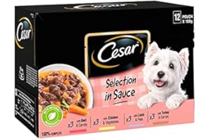 FIZPORIUM Cesar Deliciously Fresh Dog Food Pouches Favourite Recipes in Sauce 3 x Beef & Carrots 3 x Chicken & Vegetables 3 x Lamb & Peas 3 x Turkey & Carrots 12 x 100g