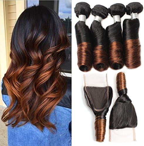 Lolly Grade 8A Brazilian Ombre Spring Curl 4 Bundles With Free Part Lace Closure Virgin Human Hair Weave Extensions #1b/#4 Color (18 20 22 22 with 16)