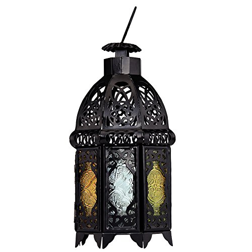 Marokkanischen Stil Matte Black Gusseisen Handgefertigte Octagonal Kerze Laterne mit Multicolor Strukturglas , Dekoration für Wohnzimmer, Balkon, Terrasse, Veranda und Garten - 3