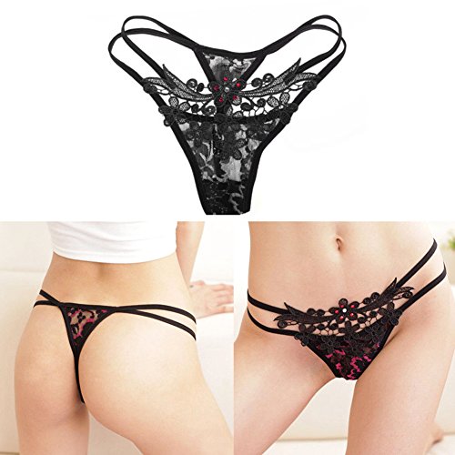 Merssavo Damen Schwarze Tangas String Höschen Spitzenunterwäsche mit Strass Blume - 4