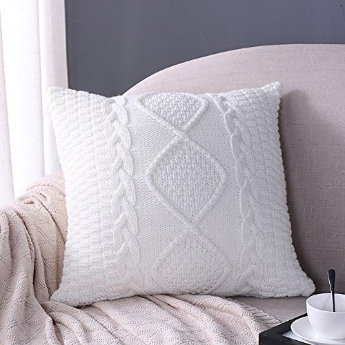 Cotton Pillowcase Pillow Cover Cable Knitting Sofa Bed Car Couch Throw Cushion Cover Case 45x45cm White