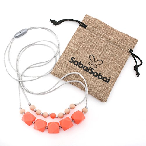 Silicone Teething Necklace for Babies by Sabai Sabai with Individually Knotted BPA-Free Beads (14.5” Drop, Oatmeal & Salmon Orange)