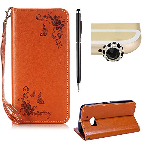 SKYXD Leder Hülle für HTC 10 Rosen Blumen und Schmetterlings Muster,PU Folio Klappbar SchutzHülle [Brieftasche Kartenfach / Magnet / Standfunktion / Trageschlaufe] KlappHülle für mit [Krone Handyanhänger + Eingabestift] 3 in 1 Zubehör Set Handy Tasche Etui for HTC 10 Bookstyle Flip Case Leather Cover With [Stylus and Dust Plug]- Braun