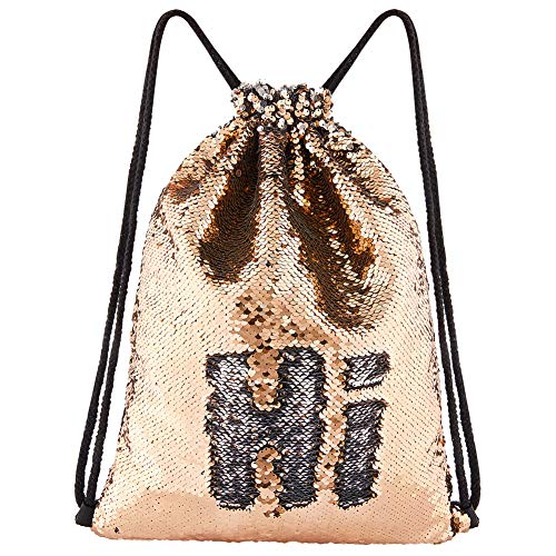 Preisvergleich Produktbild DrCosy Meerjungfrau Pailletten Tasche Kordelzug Pailletten Rucksack Glitter Meerjungfrau Rucksäcke Magie Tanz Taschen für Kinder Erwachsene (35X45cm,Champagner / Silber)