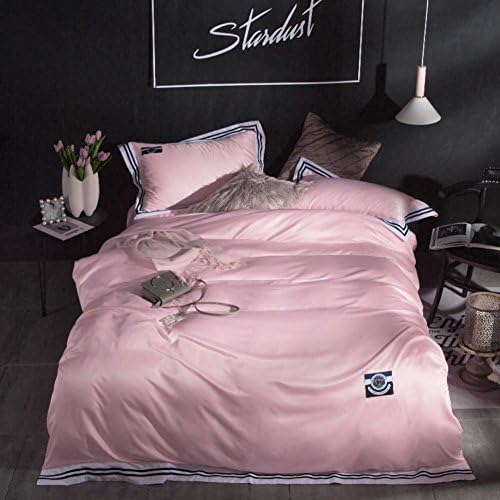 Solid color Ice silk Four set of duvet cover silk Satin 100% cotton 1 quilt cover + 1 bed sheets+ 2 pillow case-pink King