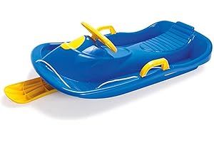 Dantoy - Trineo para niños a partir de 3 años - Azul y amarillo - Con volante y frenos y cuerda con mango - Trineo infantil para deportes de invierno - El trineo se fabrica en Dinamarca.