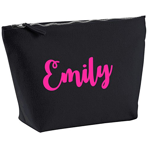 Emily Personalised Name Cotton Canvas Black Make Up Accessory Bag Wash Bag Size 14x20cm. The perfect personalised Gift for All occasion, Christmas, Birthdays,