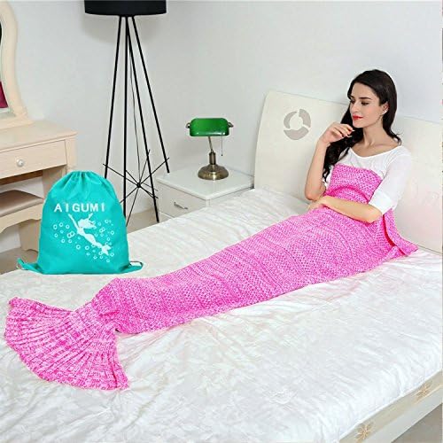 Mermaid Tail Blanket, AIGUMI Scaly Tassels Handmade Knitted Blanket Warm Sofa Living room Blanket for Adults (Purple pink)