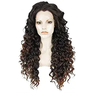 Ebingo Mixed Brown Long Curly Synthetic Lace Front Wig Natural Hairline Womens Hair Heat Resistant Hair Replacement Wigs N18-PT2+30