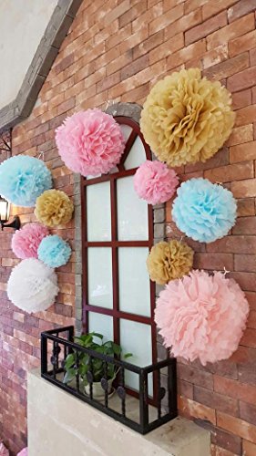 Bliqniq 12x Seidenpapier pompoms Papierblumem deko Dekoration für Hochzeit Geburtztag Baby Shower Rosa/Gold/Hellblau/Hellrosa/Weiß(20,25,30,35cm) - 5