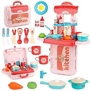 Zest 4 Toyz 3 in 1 pretend to play little chefs plastic kitchen set with portable suitcase design (19 pieces, Multicolour)