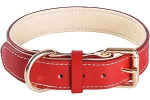 SWEETYMOOMOO Adjustable Genuine Soft Leather Dog Collar of Padded Best for Small Medium Large Breed Dogs(M, Red)