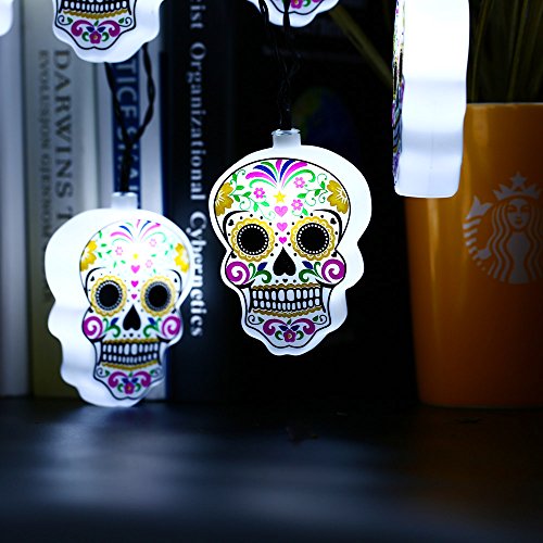 lederTEK 10LEDs Schädel lichtekette Batteriebetrieben Totenkopf Beleuchtung Deko für Halloween Allerheiligen Weihnachten Hochzeit Garten und Party (weiß) - 6