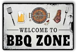 Geroclonup Targa in latta con scritta in inglese "BBQ Zone" in stile vintage, per grigliare e decorare barbecue all'aperto, cartello in latta con scritta "Welcome to BBQ Zone", cartello in metallo per