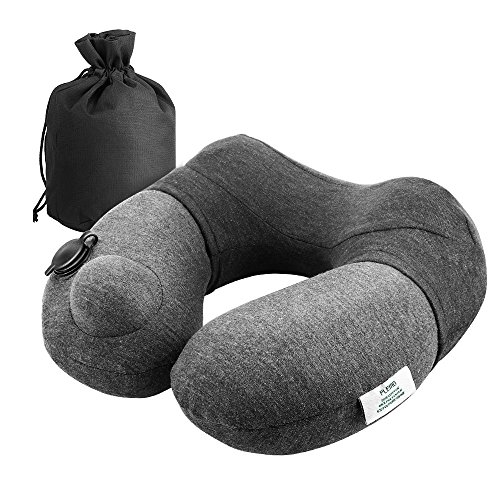 Plemo Reisekissen Aufblasbares Nackenkissen Nackenhörchen mit ergonomischer Stützfunktion, Baumwolle Bezug, patentiertem Aufblastechnik und Tragetasche für Büro, Reisen und Badewanne