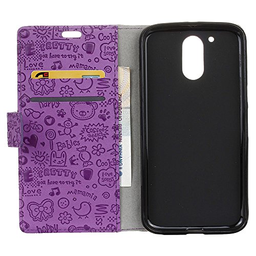 Handyhülle für Motorola Moto G4/G4 Plus,QUENJOY® Cartoon Textur Leder Tasche Smart Cover Flip Case Beschützer Haut Schutzhülle Hüllen für Lenovo/Motorola Moto G4/G4 Plus (5,5 Zoll) Smart Phone,Lila 02 - 3