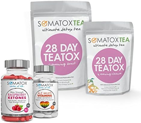SOMATOX - Elimin8 &amp; Rejuven8 Bundle - 28 Day Teatox Ultimate Detox Tea &amp; Raspberry Ketone &amp; Multi Vitamin &amp; Minerals | Premium Weight Management ★ (1 Month Supply)